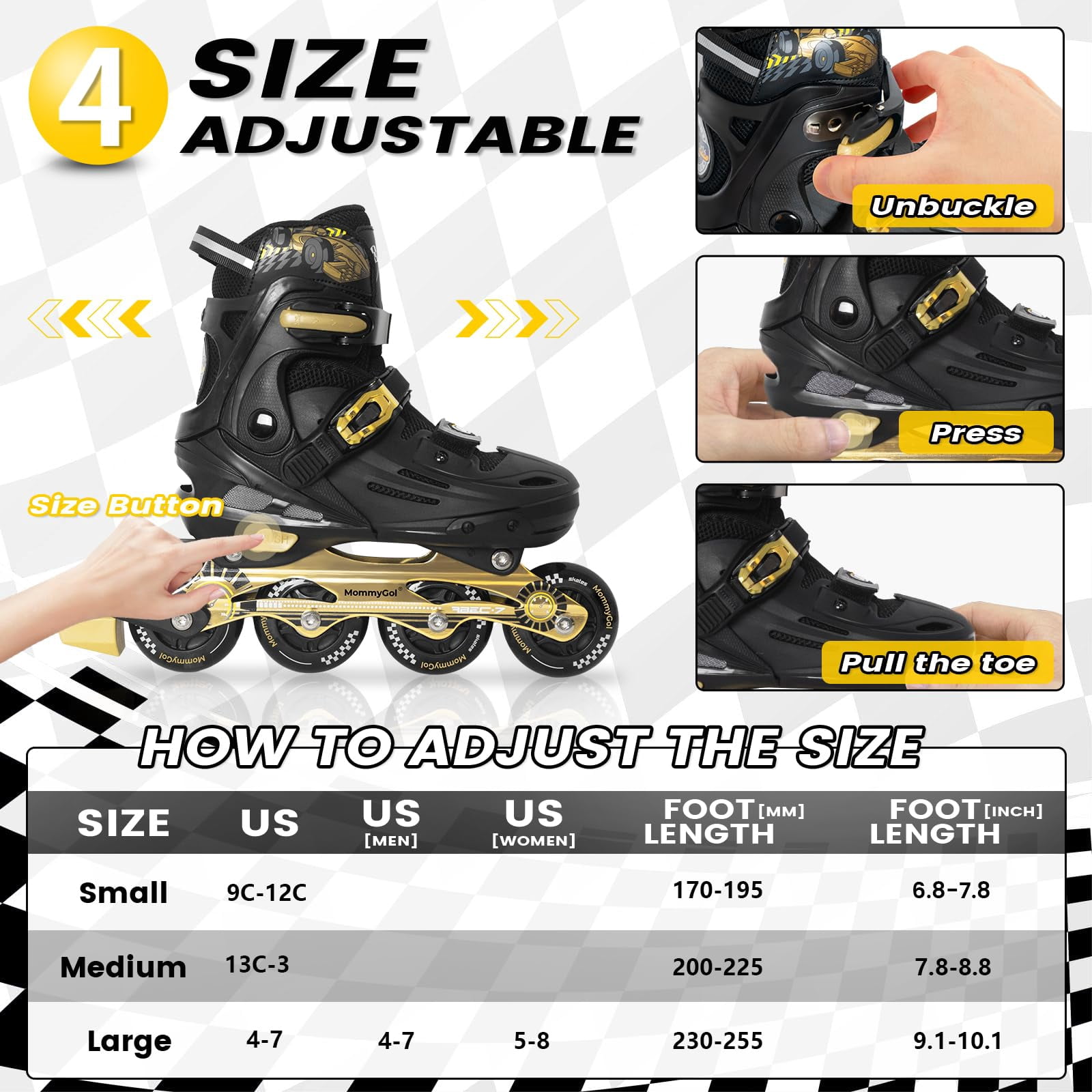 MammyGol Kids Adjustable Inline Skates Light Up Roller Skates with PU Wheels Ages 10 11 12 Years Cool Cars Styles For Birthday Gifts(Golden)
