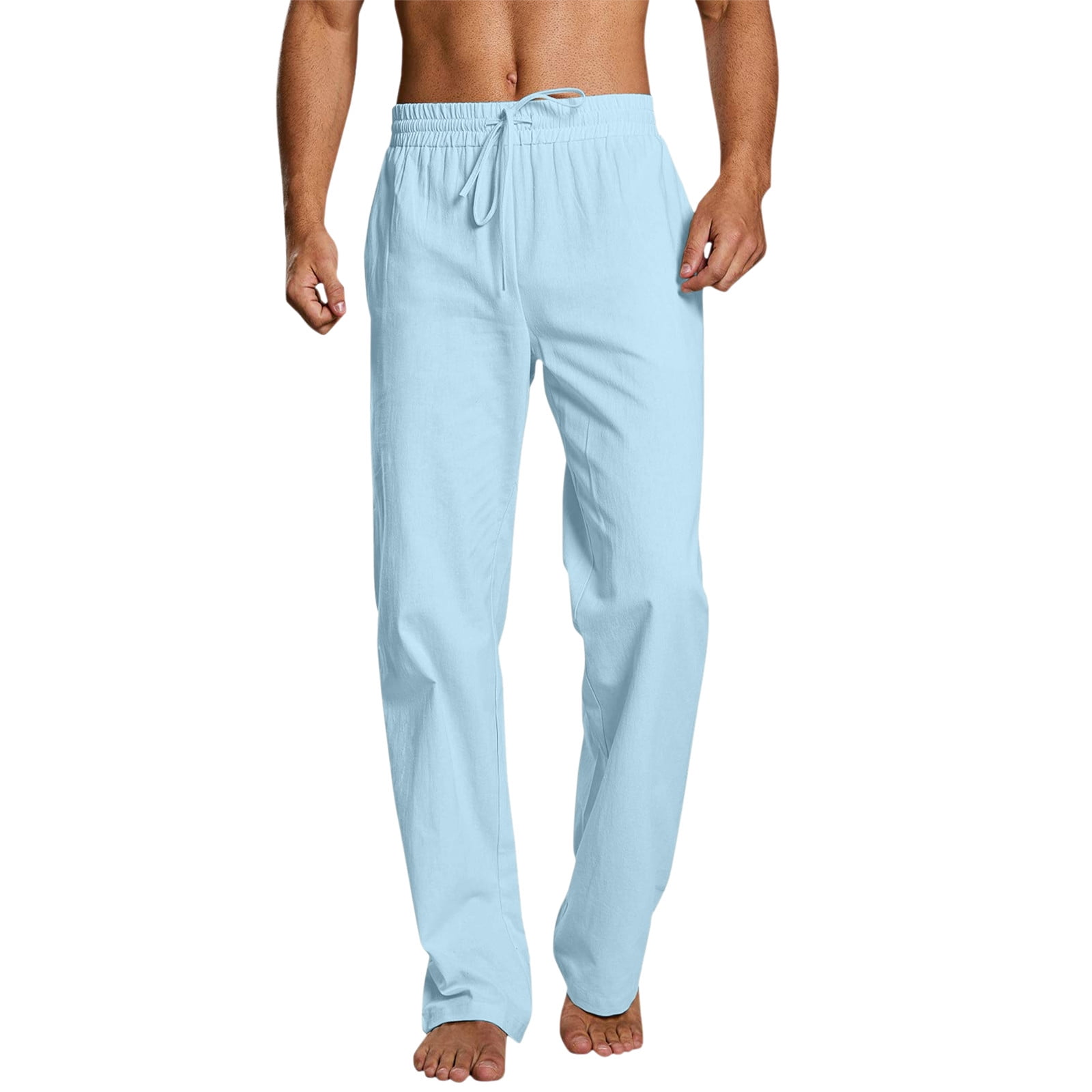 Light Blue Baseball Pants Male Casual Solid Pant Short Full Length Straight  Pant Short Drawstring Pocket Fashion Pant Trousers