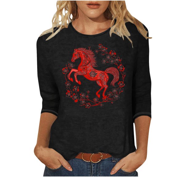 CLOISE Womens Tops 3/4 Sleeve Plus Size Shirts Horse Crew Neck Pullover Trendy Fall Clothes Black 5XL