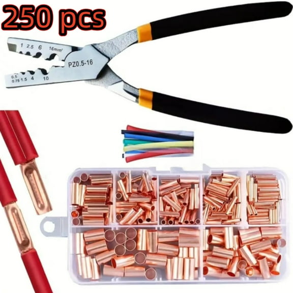 250pcs Copper Connecting Pipe Kit - Crimping Pliers Included For Wire Joints & Cable Lugs