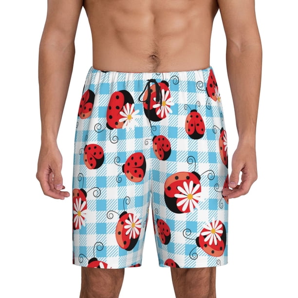 Balery Flowers and Lady Bugs Pantalones cortos de pijama de punto de algodón para hombre con cinturilla y bolsillos-XX-Large