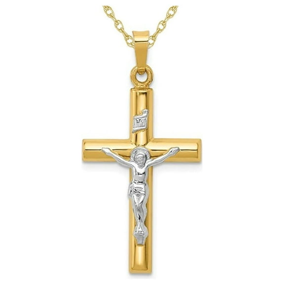 14K White and Yellow Gold Crucifix Cross Pendant Necklace with Chain for Men