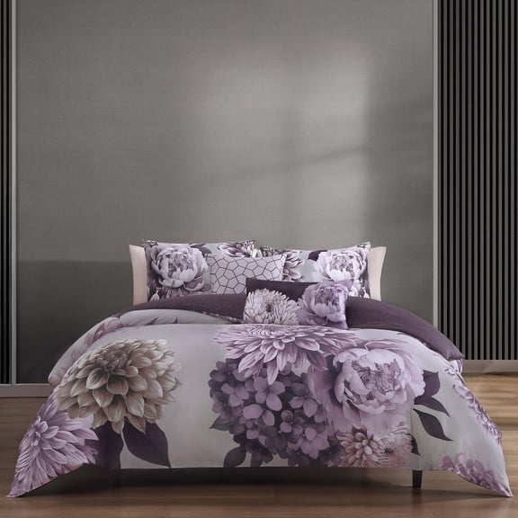 Bebejan Plum Petal 5 Piece Comforter Set, Queen, Purple, 100% Cotton Sateen, Reversible, All Season, Cozy Comfort
