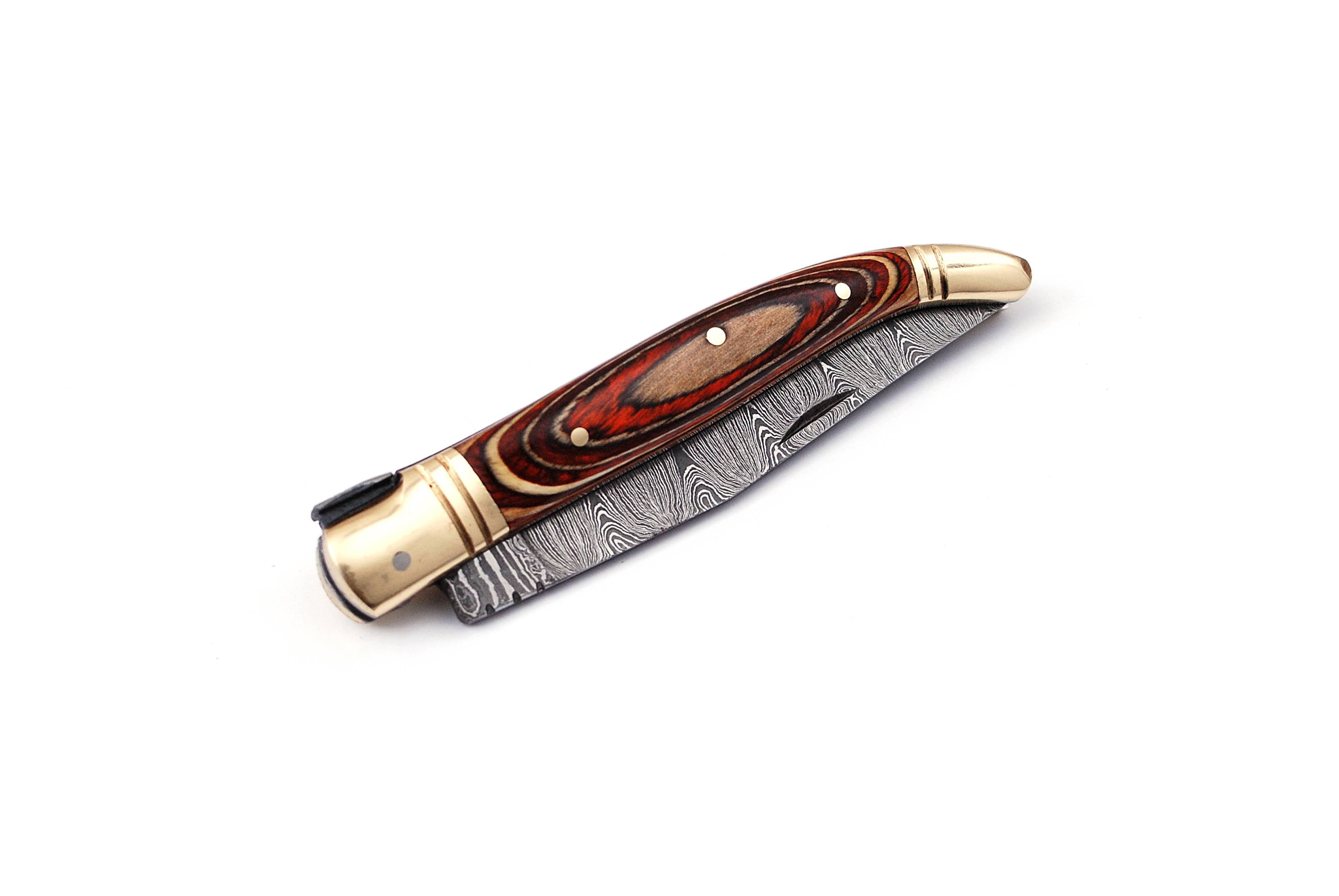 Damascus steel folding knife with leather sheath, 8.5 inches long laguiole pocket knife with 4 inches long Damascus steel Blade, 4.5 inches Brown multi shade wood scale with Brass bolster and pommel