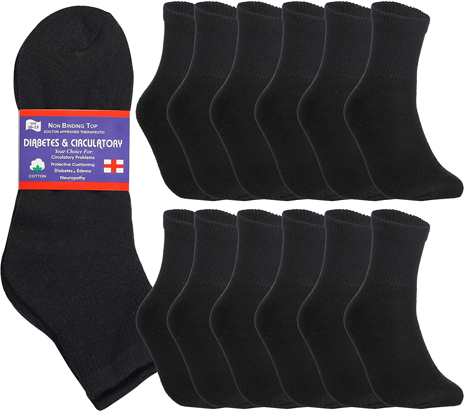 Special Essentials 12 Pairs Men's Cotton Diabetic Ankle Socks Black 13