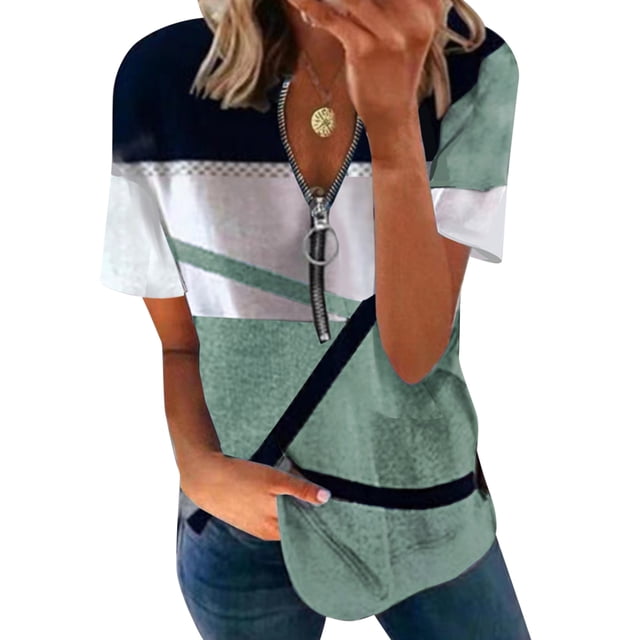 Jersey de manga corta para mujer, Tops informales holgados a la moda con estampado de Color en contraste y cremallera, Blusa de manga corta para mujer
