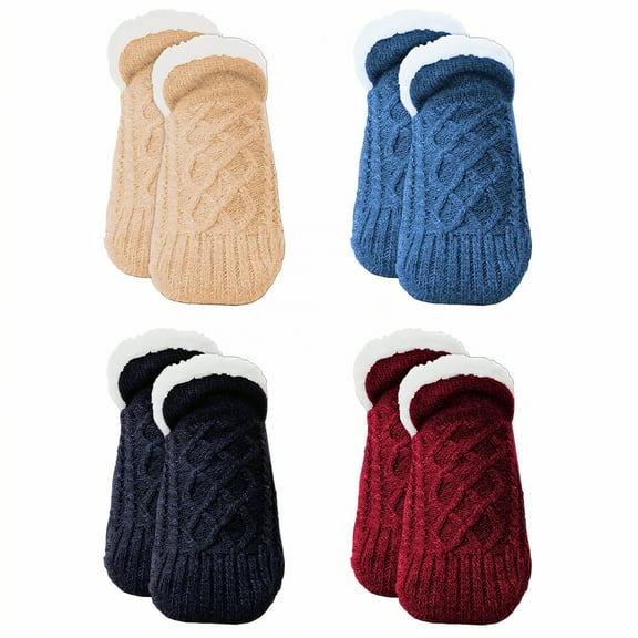 TELOLY 4Pairs Slipper Socks for Women,Size 43-45 Slipper Socks,Fleece-Lined & Thick Fuzzy Socks,Style1,28Cm