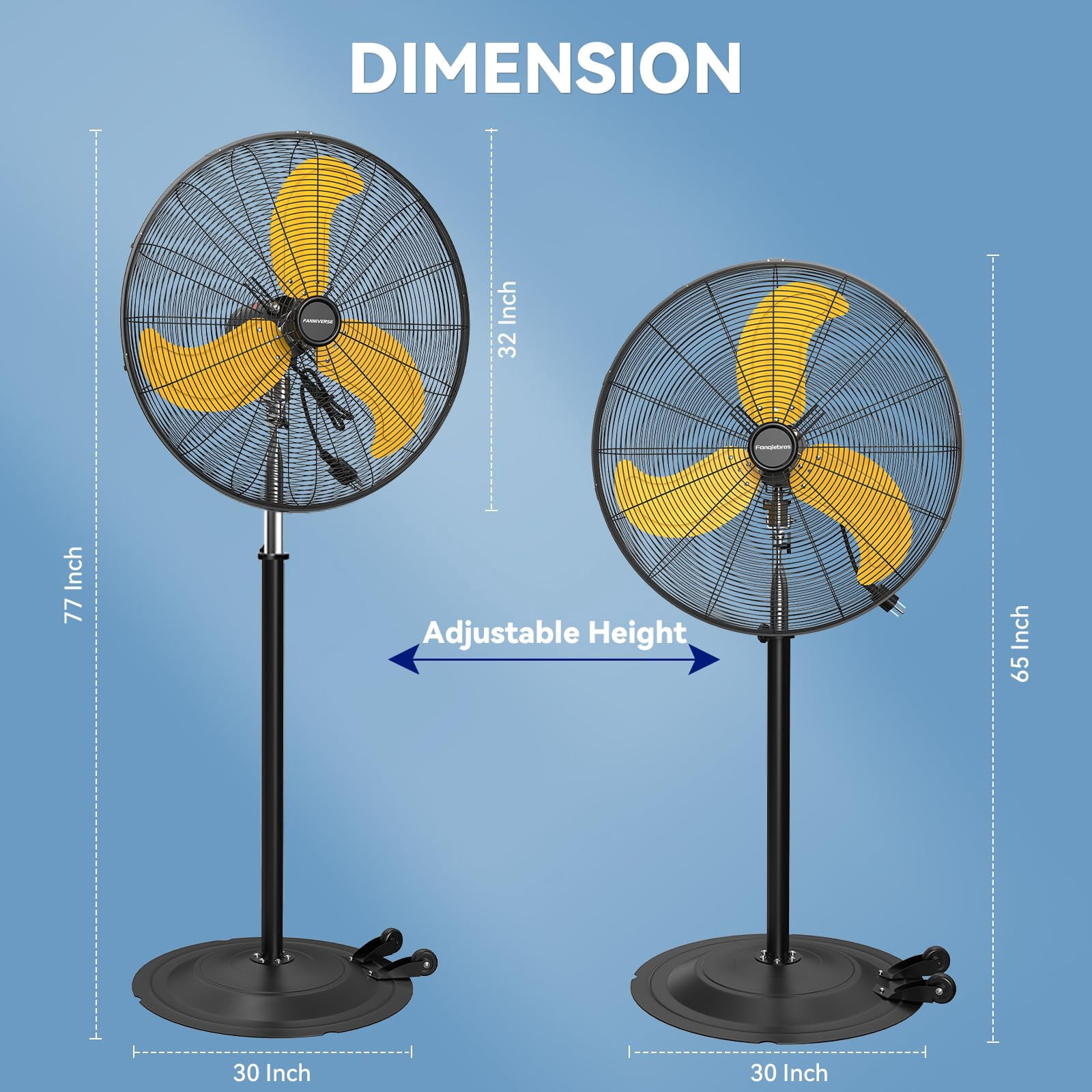 30" Heavy Duty Industrial Floor Fan with Wheels, 3-Speed 9500 CFM High Velocity Standing Fan for Commercial and Garage - Aluminum Blades