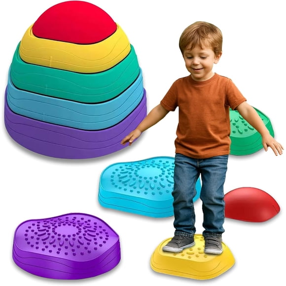 Pierres d'Équilibre pour Enfants, 6 Pcs, jusqu'à 220 Lb, Pierres Sensorielles Antidérapantes pour Tout-Petits, Jouets de Jeu de Coordination pour Parcours d'Obstacles, Jeu Intérieur Ou Extérieur pour Enfants de 3 4 5 6 7 8+