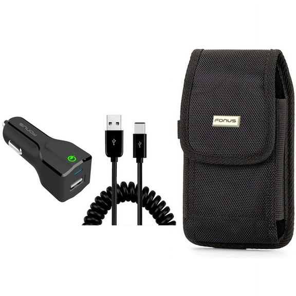 Case Belt Clip & Car Charger for iPhone 15 Pro Max - Rugged Holster Canvas Cover and 18W Fast USB Port Coiled Cable Type-C Q6P for iPhone 15 Pro Max (6.7")
