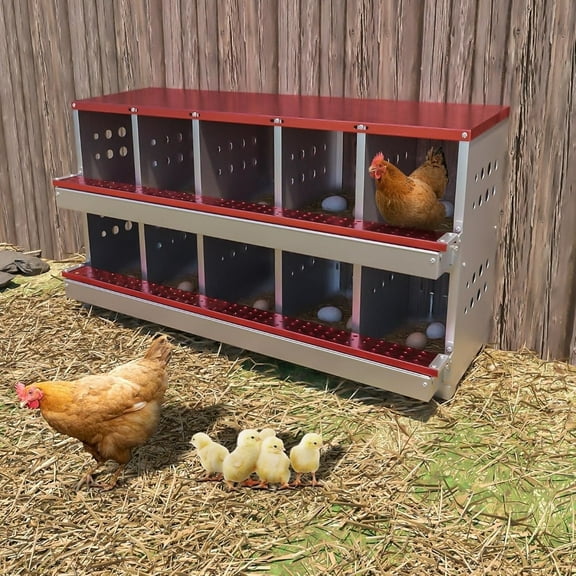 Lumiparty Chicken Nesting Box, 10 Compartment Metal Nesting Boxes for Hens Laying Eggs, Red