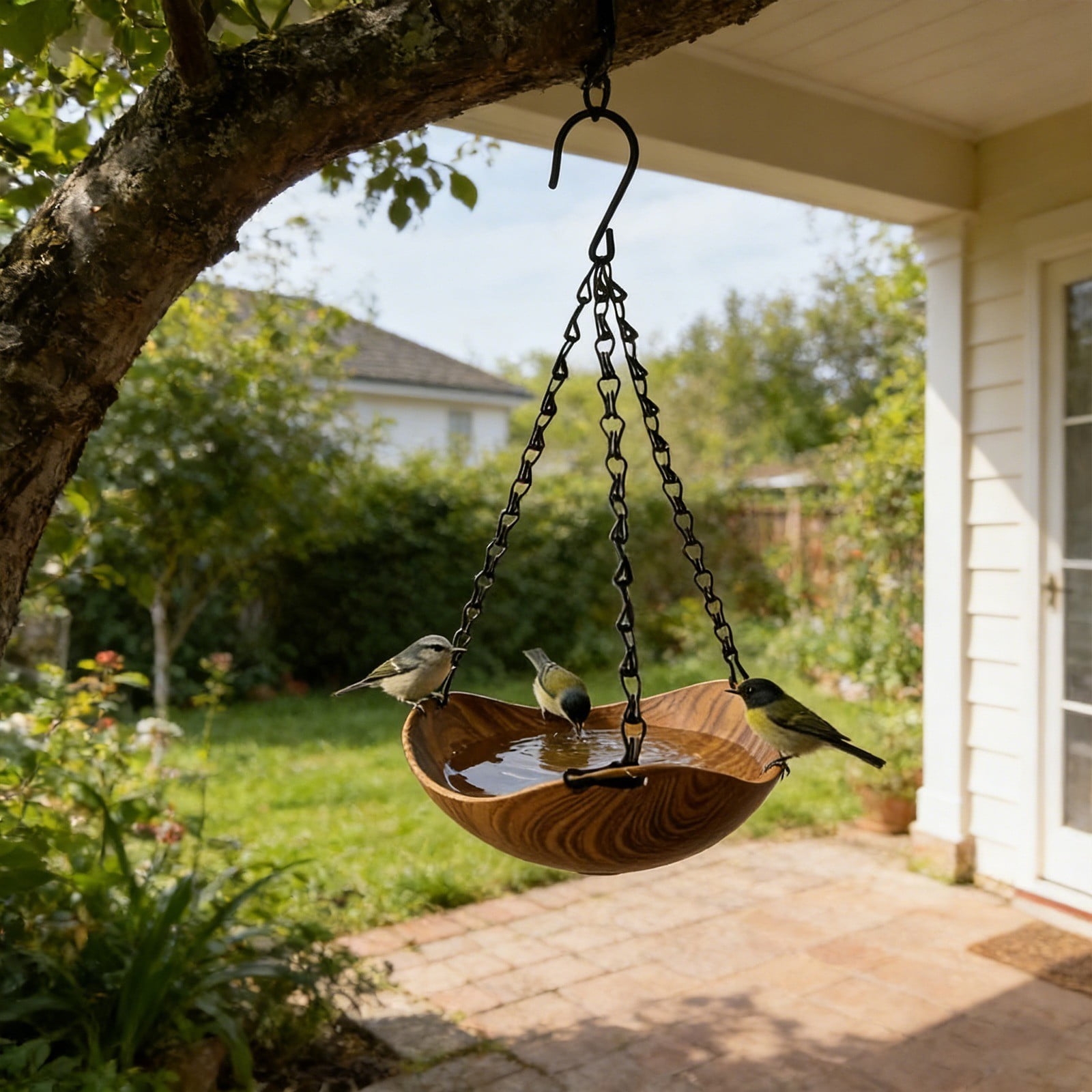 Wood-Grain Bird Bath Farmhouse Wild Bird Hanging Feeding Tray Weather-Resistant Water Bowl with Metal Chain Hanging Bird Feeder for Backyard Patio Balcony and Garden Decor
