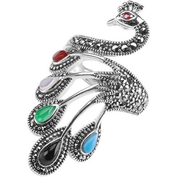 Vintage Peacock Statement Wrap Open Rings 925 Sterling Silver Statement Adjustable Knuckle Middle Rhinestone Bird Animal Band Finger Rings Comfort Fit Boho Delicate Ethnic Style Jewelry for Women