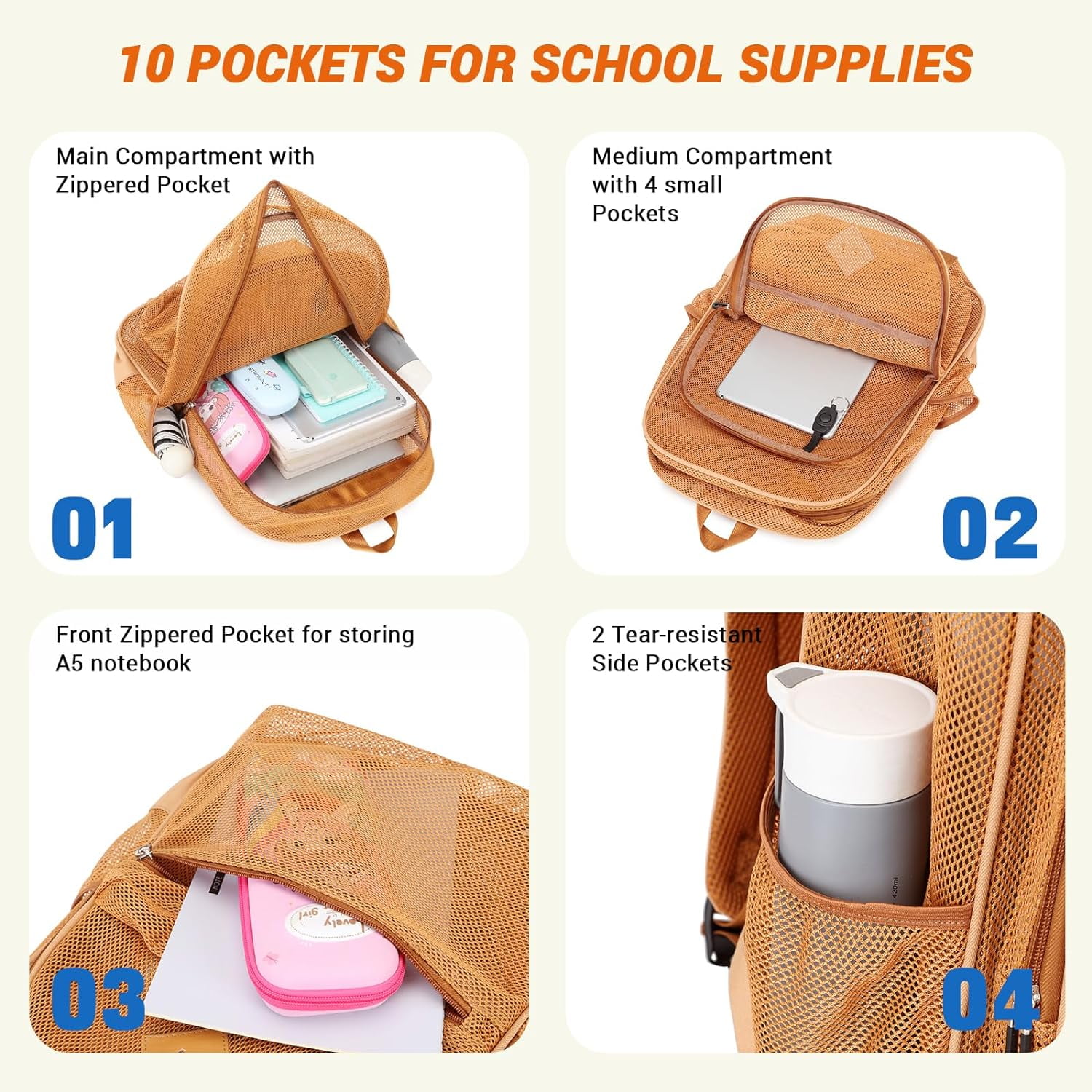 DAKIMOE Mesh Backpack School Backpack Bookbag Heavy Duty See Through Transparent Backpack Stadium Approved Large Capacity with Multiple Compartments Pockets for School Beach Swimming Sports Work