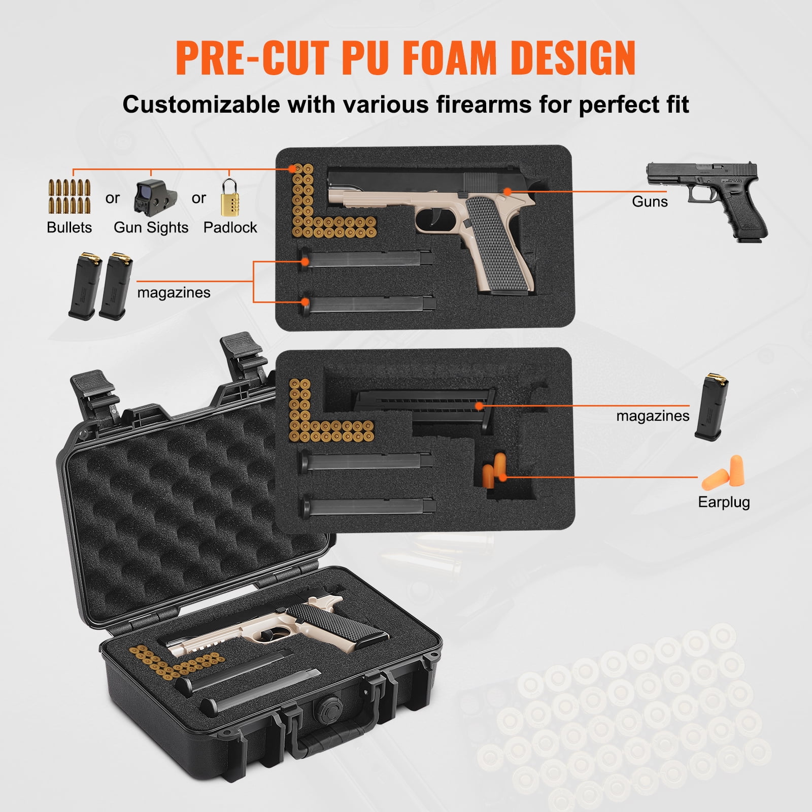 KFFKFF Durable Pistol Containers with Customizable Foam Inserts, Water-Resistant & Secure Hard Handgun Case for Single Pistol, Dimensions 12.59x9.01x4.4 inches, Features Lock, Color: Black