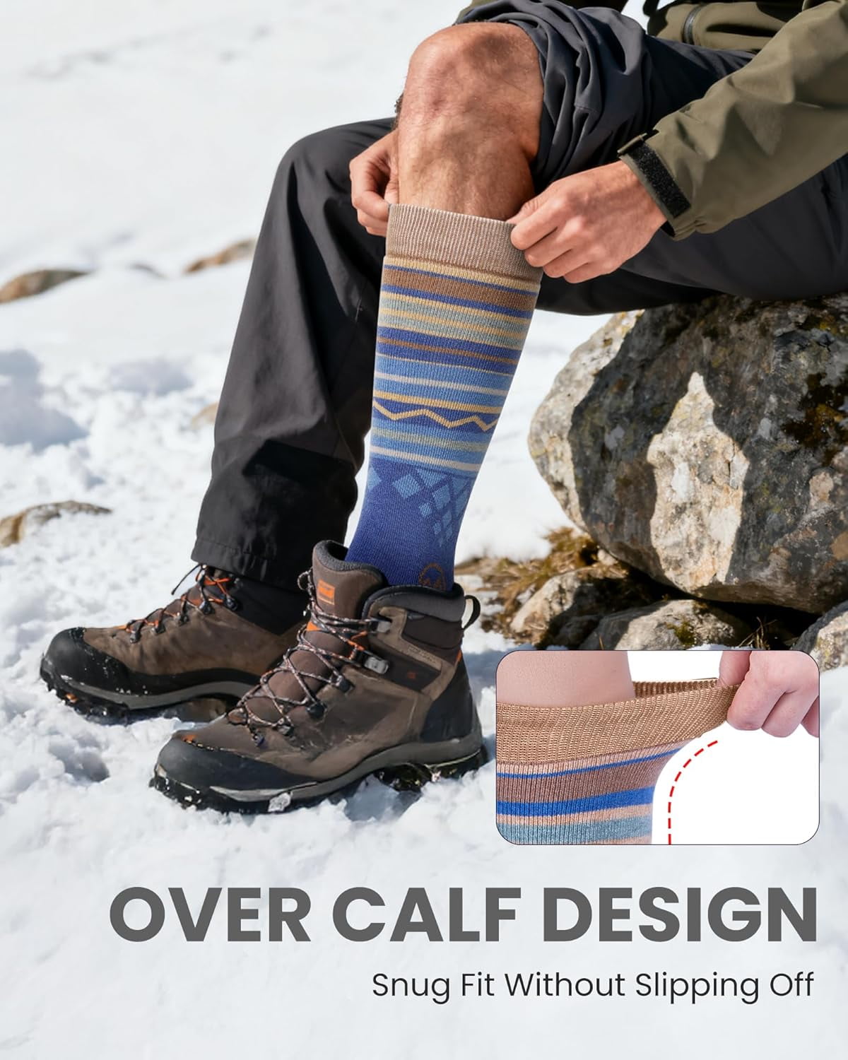 OutdoorMaster Ski Socks 2-Pack Merino Wool, Over The Calf Non-Slip Cuff for Men & Women