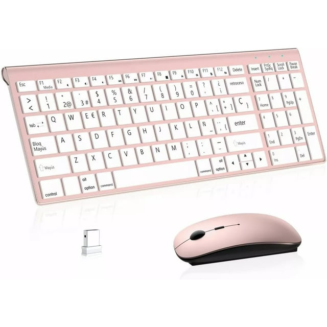 Kit Teclado y Ratón con Ñ, WiFi 2.4 GHz Teclado y Mouse Inalámbric, Teclado Mecánico Español, Mouse Inalámbrico Recargable, con PC Windows 7, 8, 10, 11 o Mac OS(Rosa)
