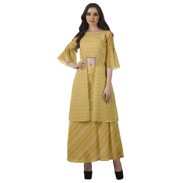 Moomaya Printed High Low Crop Top Kurti Palazzo Set Ethnic Indian Clothing Set For Womens