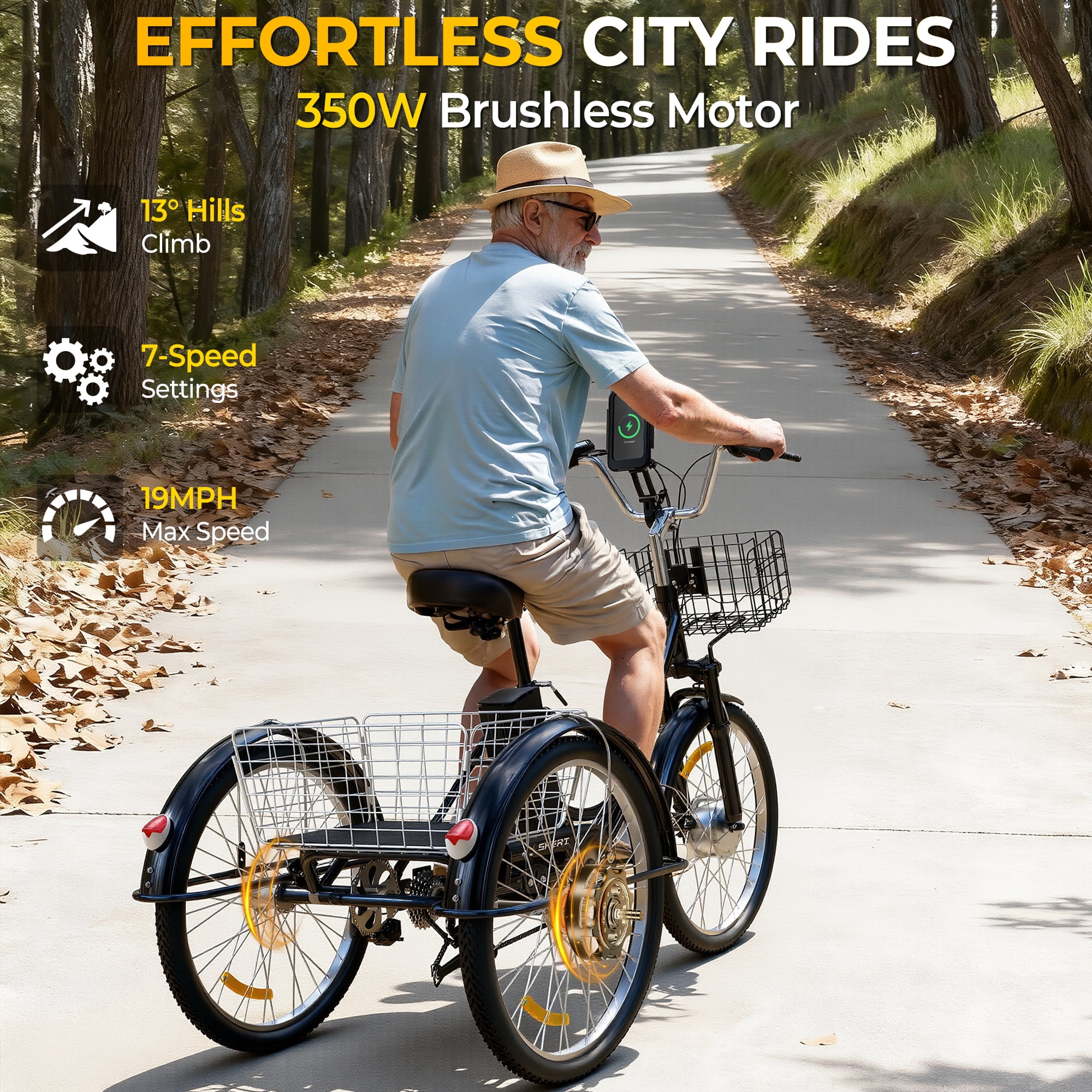 SKERI Electric Tricycle for Adults, 350W 48V Black Electric Trike Motorized Three Wheel Electric Bicycle, 7 Speeds 3 Wheels Adult Electric Tricycle with Large Basket