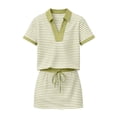 thumbnail image 7 of Fewfanhot Womens Sets 2 Piece Outfits Turn-Down Collar V-Neck Striped Short Sleeve Top & Drawstring Short Skirt Set, 7 of 7