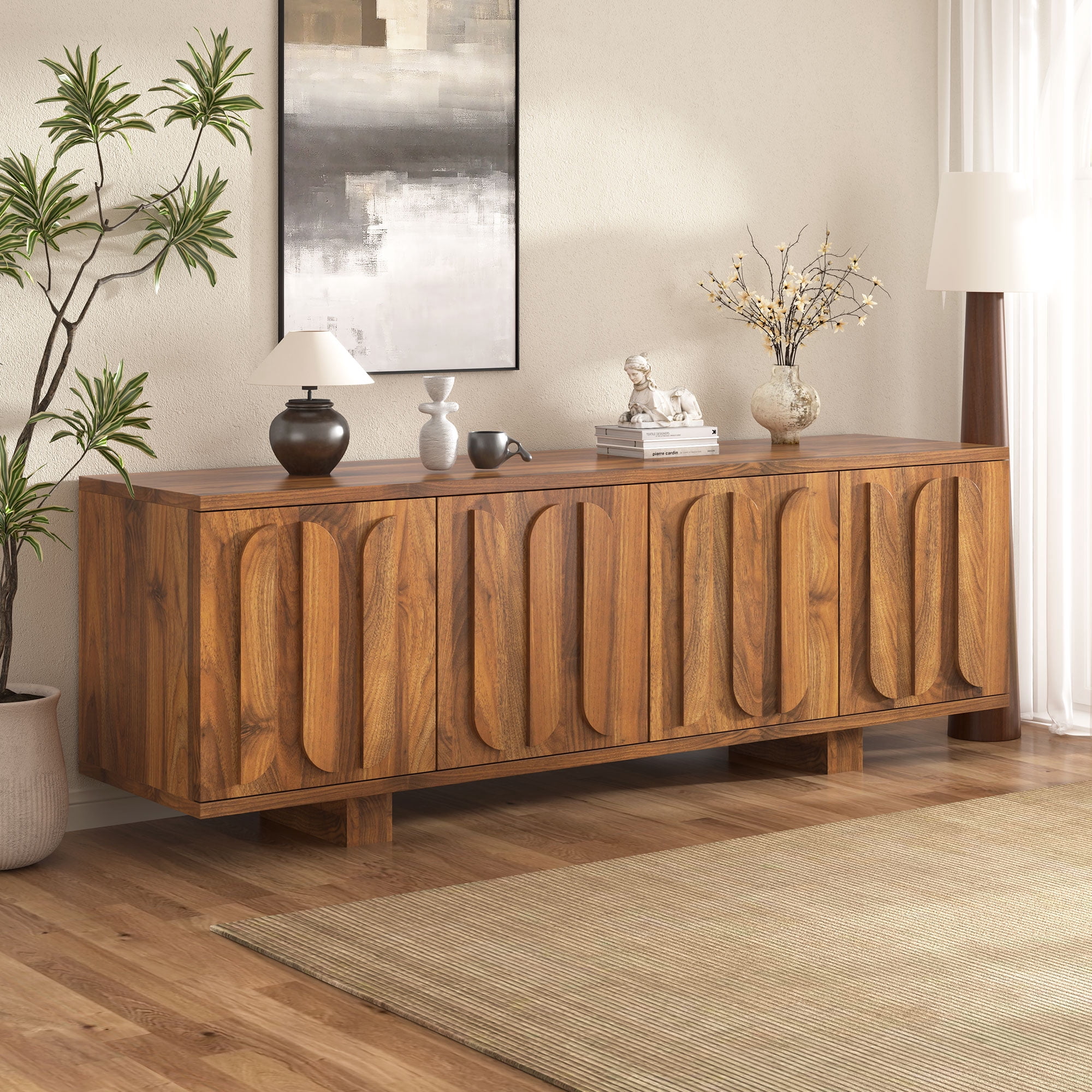 63" Farmhouse TV Stand for TVs up to 75 Inches, Modern Storage Media Console with Adjustable Shelves & 3 Cable Holes, Wood Decorative Handle Entertainment Center Cabinet for Living Room
