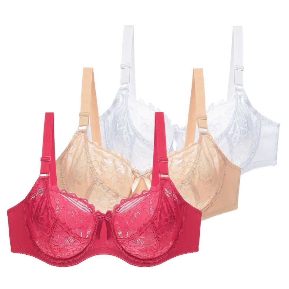 3 Pack Women's Scalloped Lace Bra Embroidery Floral Bralette Underwire  Minimizer Bras Unlined 3/4 Cups Bra Non-Padded Plus Size Sexy Push up  Brassiere Lingerie(Beige&White&Red,36/80E) 
