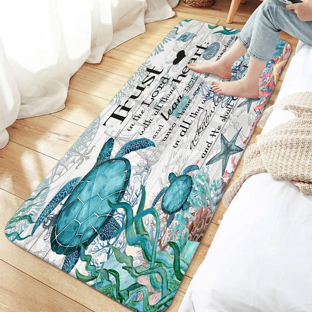 Beach Sea Turtle Bath Rugs for Bathroom, Nautical Sea Marine Animal Tortoise on Rustic Wooden Bathroom Rug Bath Mat Set Floor Mats, Trust in the Lord Bible Verse Scripture Quote Doormat, 16X48in