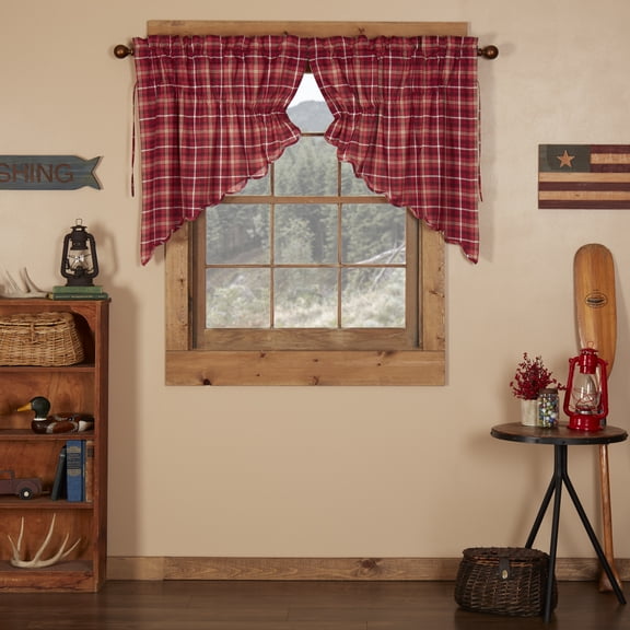 VHC Brands Rustic Red Plaid Braxton Scalloped Curtain for Living Room Bedroom Prairie Swag Set