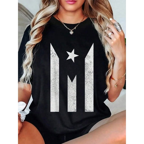 Women's Puerto Rico Flag Graphic T-Shirt Casual Short Sleeve Crewneck Black Tee