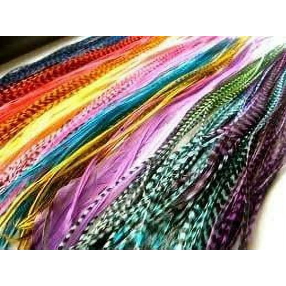 Sexy Sparkles Mix Feathers Hair Extension Individual Vivid Grizzly & Solid Block Plus 10 Silicone Crimp Beads - 20 Feathers, 7-11in