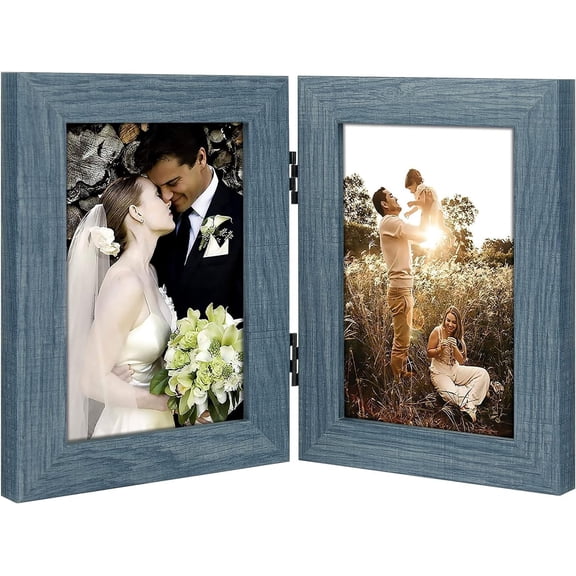 JJEAN-, 4x6 Double Picture Frame Vertical Hinged Photo Frame 2 Opening Folding Family Frames Collage, with Real Glass (4x6, Blue, 1-Pack)