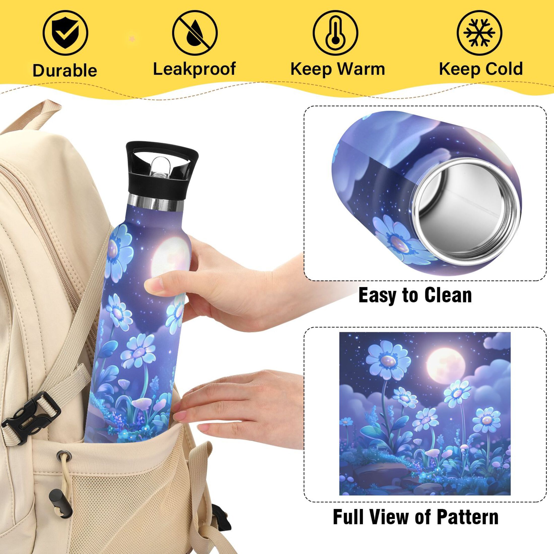 Kids Insulated Stainless Steel Sports Water Bottle 600ml (20oz) Glowing Flowers