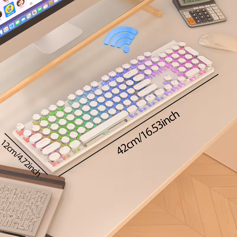 Punk Typewriter Style Mechanical Keyboard  104 Keys Round Keycaps  Triple Connectivity Bluetooth 5.0  2.4G & Wired  Ergonomic Blue Switch Keyboard for Gaming & Office  Compatible with Windows and Mac