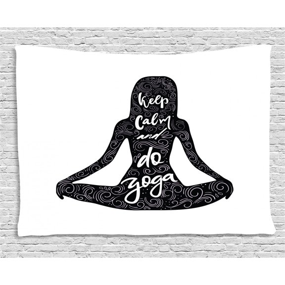 Keep Calm Tapestry, Do Yoga Quote in Girl Shape in Lotus Pose with Swirls and Calligraphy Art Text, Wall Hanging for Bedroom Living Room Dorm Decor, 80W X 60L Inches, Black White, by Ambesonne