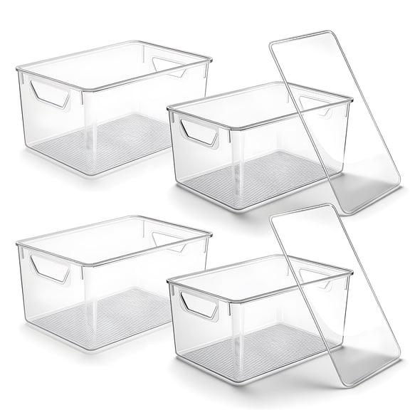 4-Pack Clear Storage Bins with Lids, Stackable Plastic Organizer Bins for Pantry, Fridge, Freezer, Cabinet