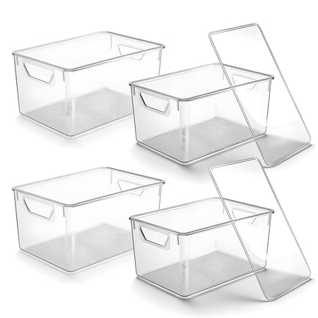 4-Pack Clear Storage Bins with Lids, Stackable Plastic Organizer Bins for Pantry, Fridge, Freezer, Cabinet