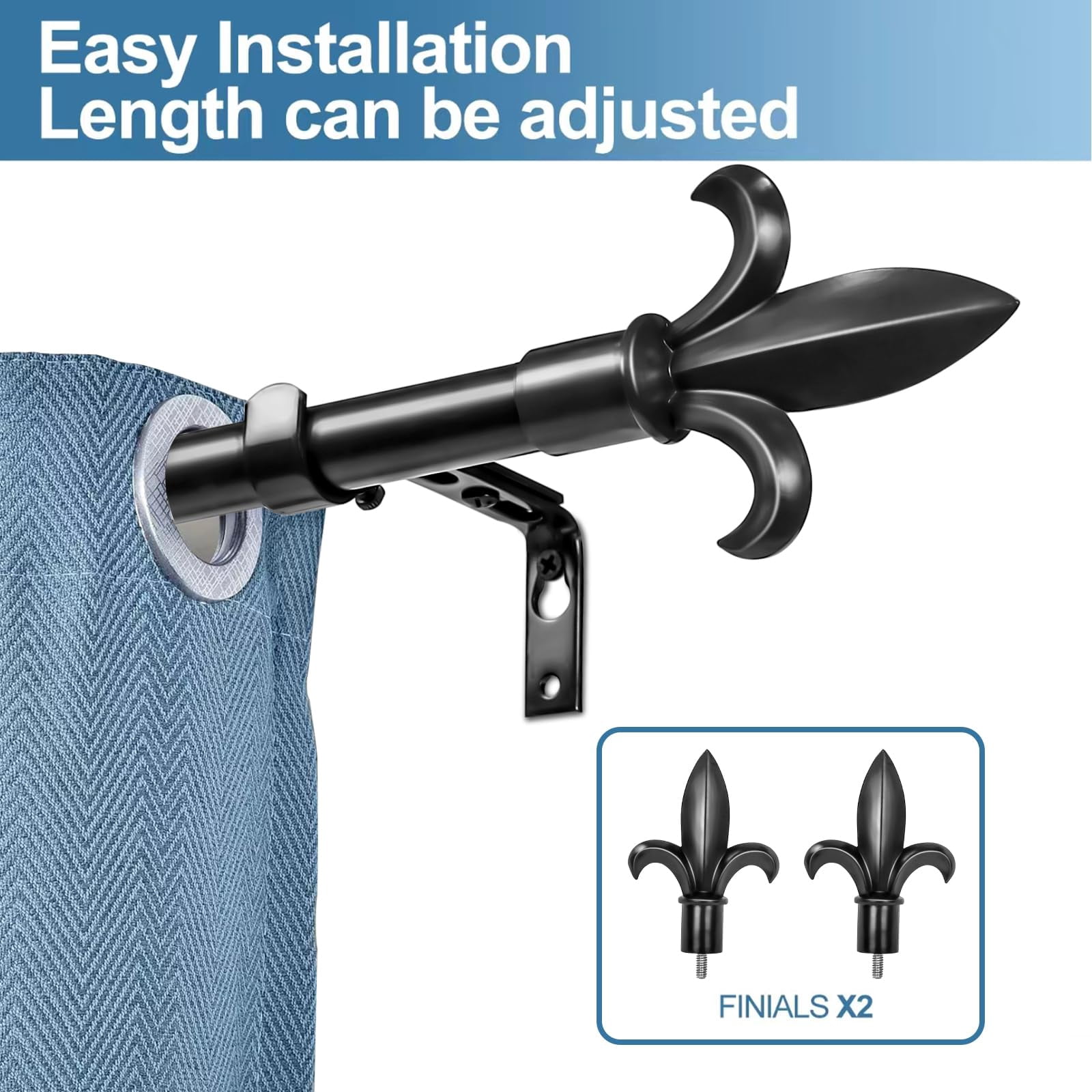 Urbanest Cast Forged Iron Curtain Rod with Fleur de Lis Finials – Heavy-Duty Decorative Designer Drapery Rod, Adjustable Metal Window Rod Set, 3/4" Diameter, 28" to 48", Matte Black