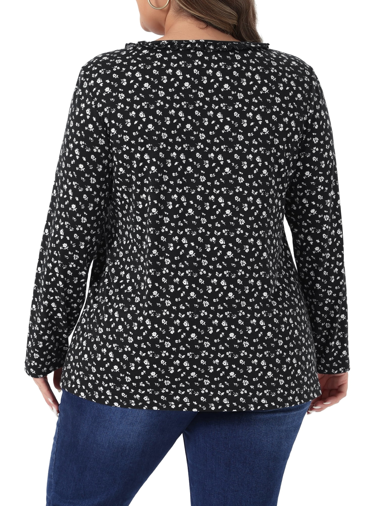 DARING DIVA Women's Plus Floral V Neck Long Sleeve Ruffle Blouses 3X Black White