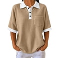 thumbnail image 2 of Dolkfu Yellow Going Out&nbsp;Tops Retro Vintage Polycotton Short Sleeve Collared Button Fashion Modern Patchwork Blouses & Tops Khaki,S, 2 of 4