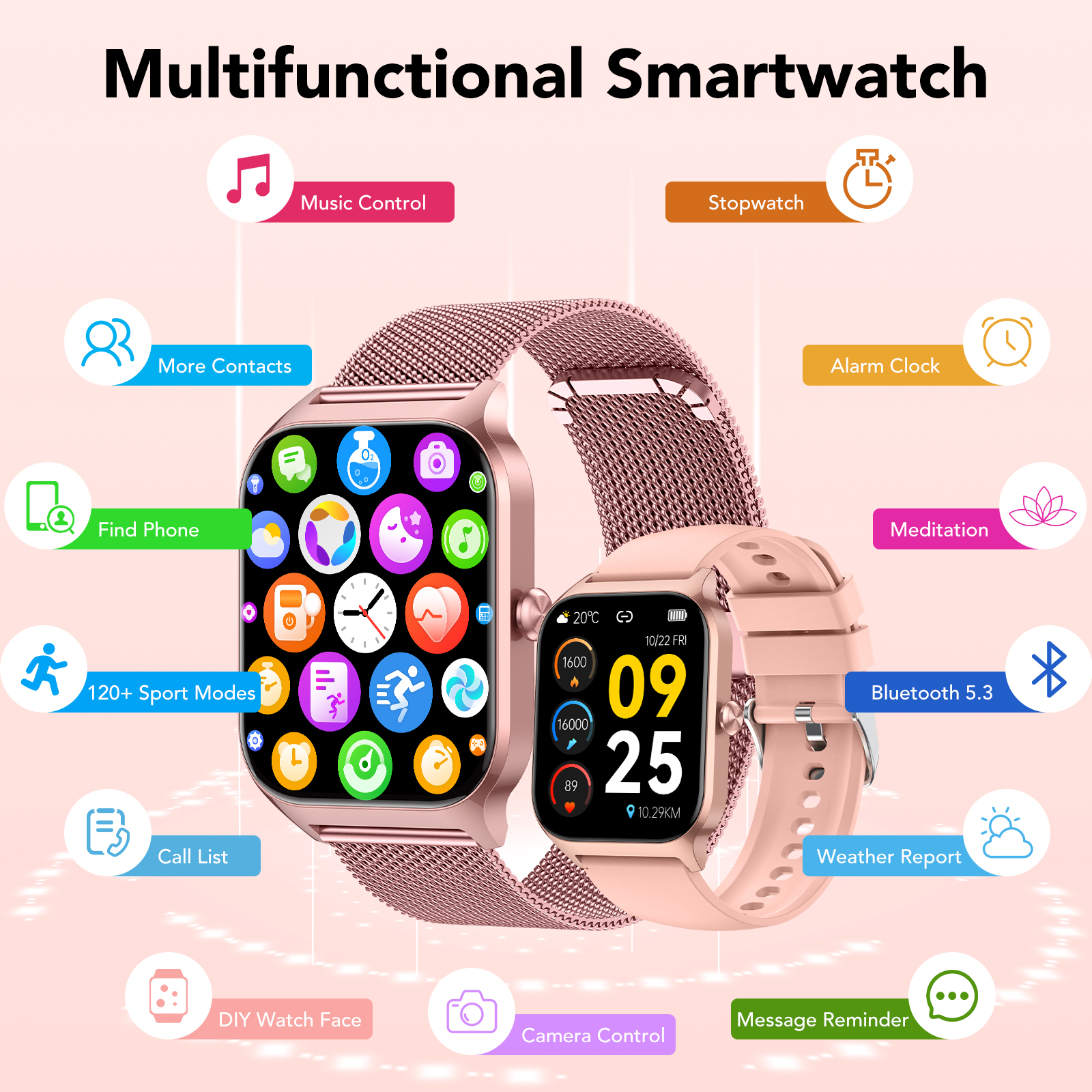 Smart Watch Fits for Android and IPhone, 1.85 inch Fitness Tracker, Men Women's Smartwatch with Answer/Make Calls/120+ Sports Modes/Message Reminder, IP68 Waterproof, for Gift Rose