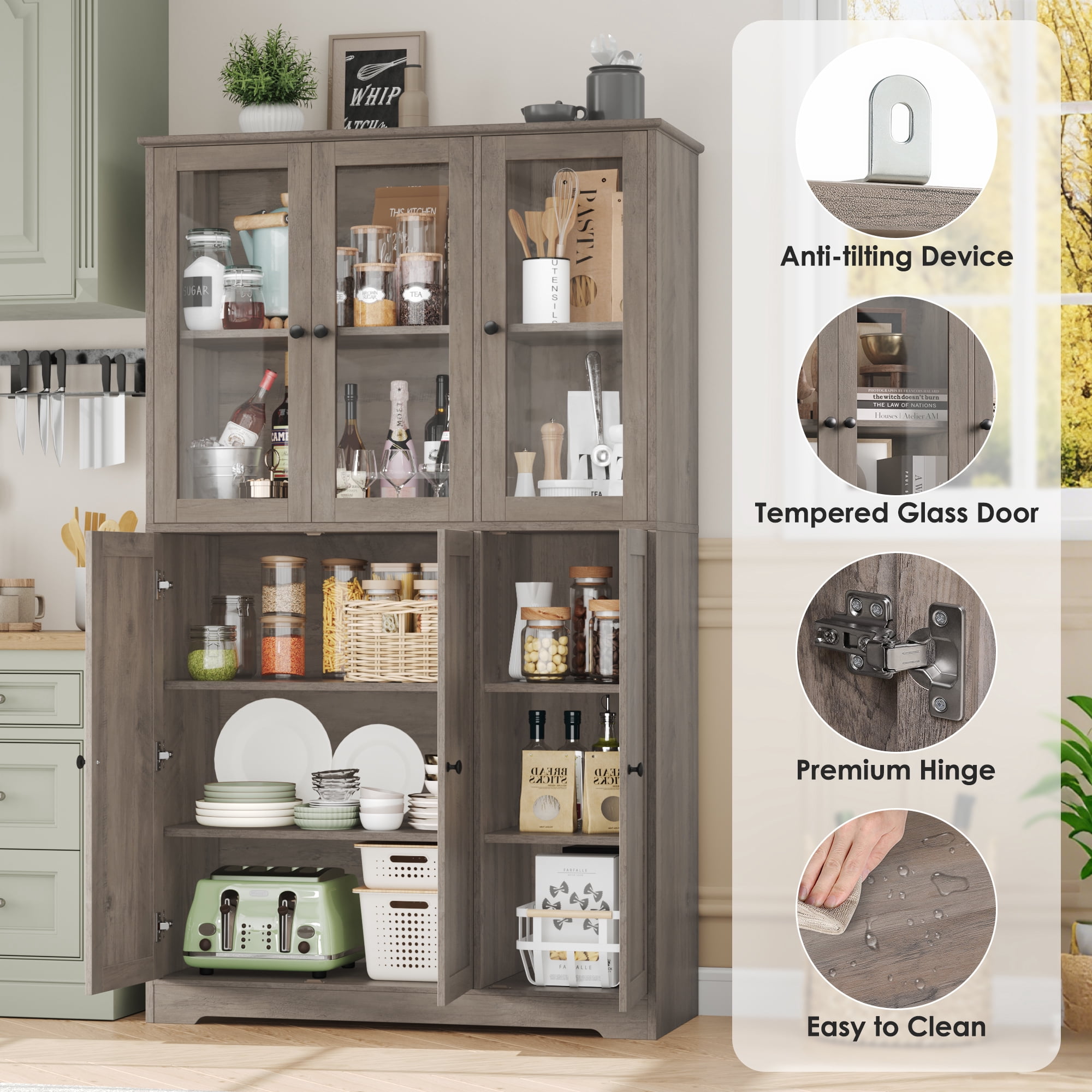 Homfa 69" Tall Bookshelf, 5-Tiers Large Bookcase with Glass Doors and Hutch Storage Cabinet for Living Room Kitchen Office, Gray