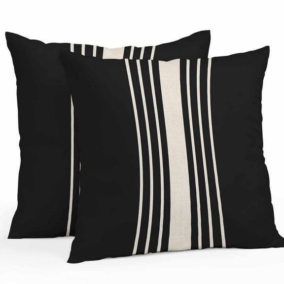 Outdoor Pillow Covers Pack of 2, Beige Linen Strip on Black Waterproof Throw Pillowcase Cushion Cases, Abstract Modern Striped Decorative Pillow Cover for Couch Sofa Home Bed Patio