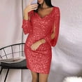 thumbnail image 2 of Baberdicy Dress Women Party Dress Solid Sequined Stitching Dress Shining Club Long Sleeved Mini Elegant Dress Red 2xl, 2 of 5