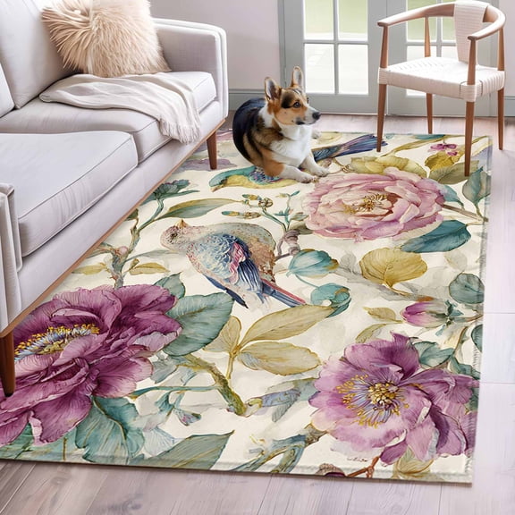 Area Rug for Living Room, Spring Flowers Non-Slip Indoor Large Carpet for Bedroom/Dining Room, Farmhouse Botanical Blossom Floral Birds Washable Low-Profile Rectangle Floor Mat Runner Rugs - 3 x 5 Ft