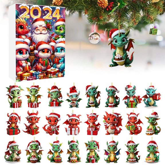 Countdown Sets 2D Christmas Home Dragon Decoration Set - 24 Unique Ornaments to Bring Christmas to Your Home and Tree