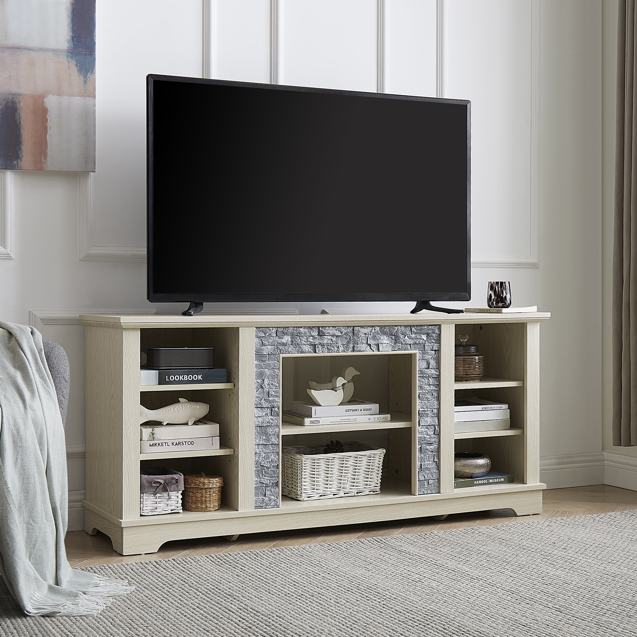 Aukfa TV Stand for TVs up to 65" with Faux Stacked Stone Surround for Living Room, Oak