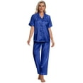 thumbnail image 6 of DAKIMOE Silk Satin Pajama Set for Women Short Sleeve Two Piece Button Down Pjs Sleepwear Soft Loungewear Nightwear, Royal Blue Leopard Print, 6 of 8