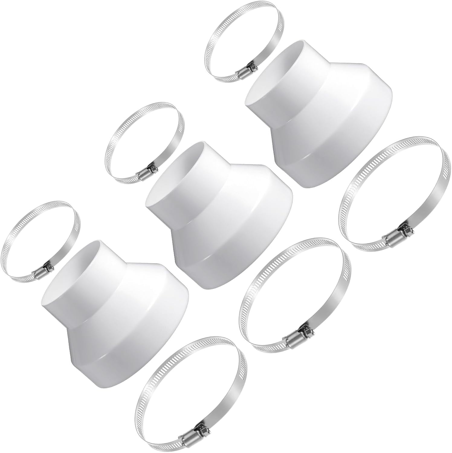 ABCISI 3PCS 6 to 4 Inch Duct Reducer Adapter, ABS Plastic & Stainless Steel HVAC Ventilation Pipe Connector for Kitchen, Bathroom, Grow Tent, Inline Ventilation System – White