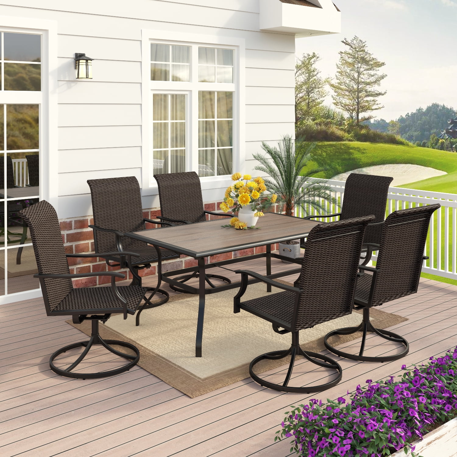 MF Studio 7 PCS Patio Dinning Set with 6 Rattan Swivel Chairs