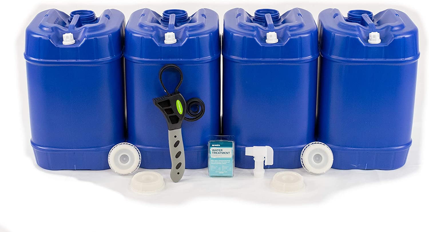 Emergency Water Storage 5 Gallon Water Tanks - 10 Gallons Total (2 Tanks) -  5 Gallons Ea. w/Lids + Spigot - Food Grade, Portable, Stackable, Easy Fill